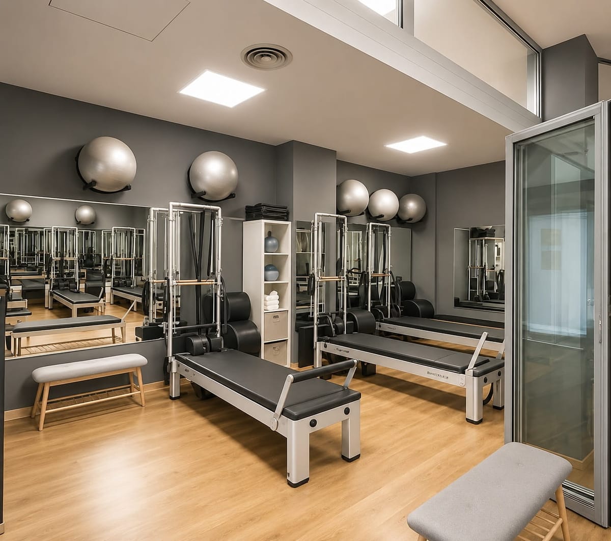 Torres de cadillac y reformers en el estudio Pilates Curíe, Madrid